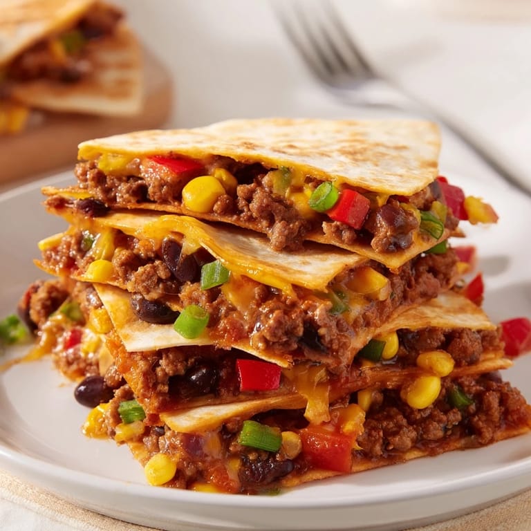 Savory sheet pan quesadillas stuffed with seasoned beef and colorful veggies, ideal for sharing.
