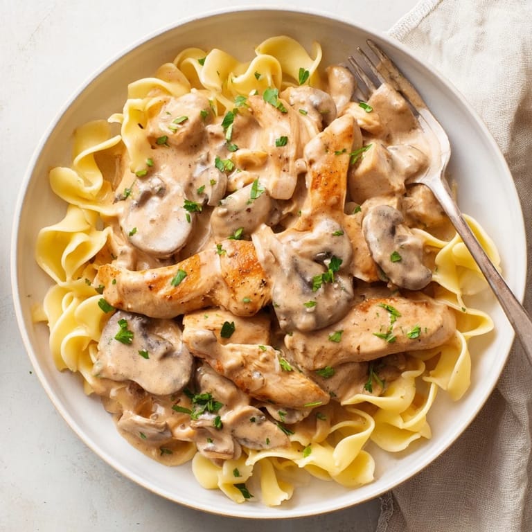 A comforting bowl of Creamy Chicken Stroganoff featuring tender chicken and rich sauce.  