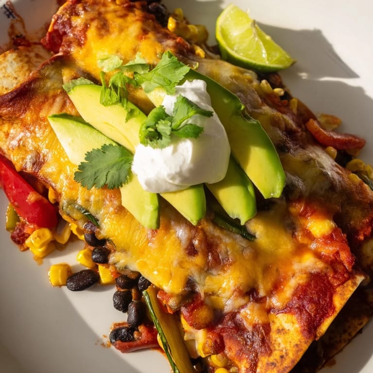 Colorful plates of Farmers Market Vegetarian Enchiladas topped with avocado and cilantro, ready to serve.  