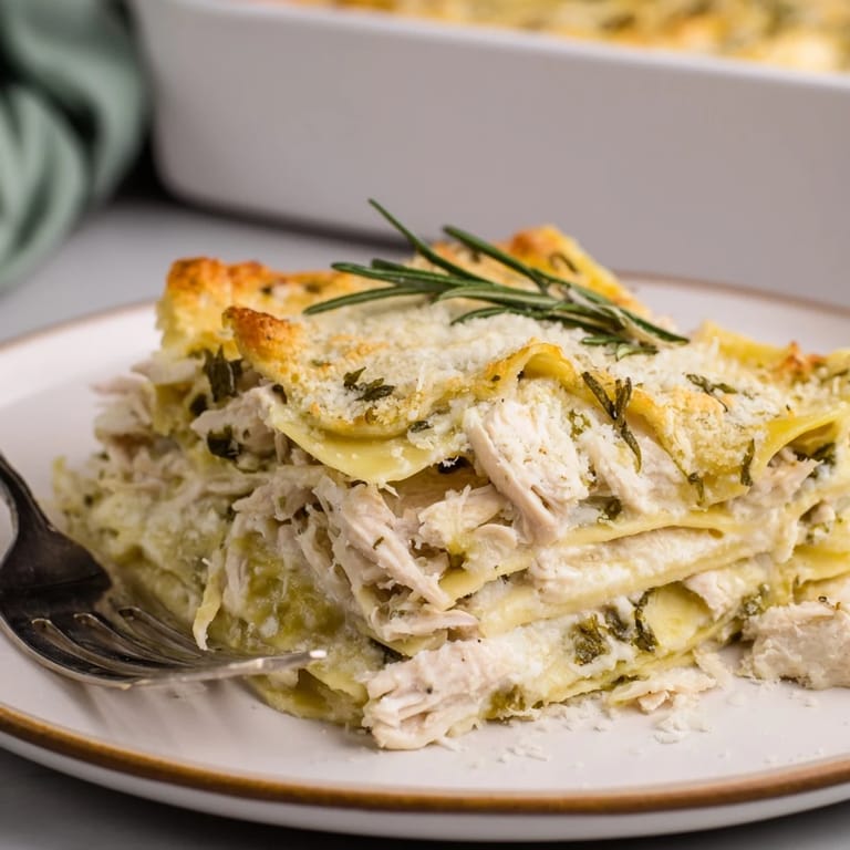 Comforting rosemary chicken lasagna topped with golden cheese, perfect for family dinners.  