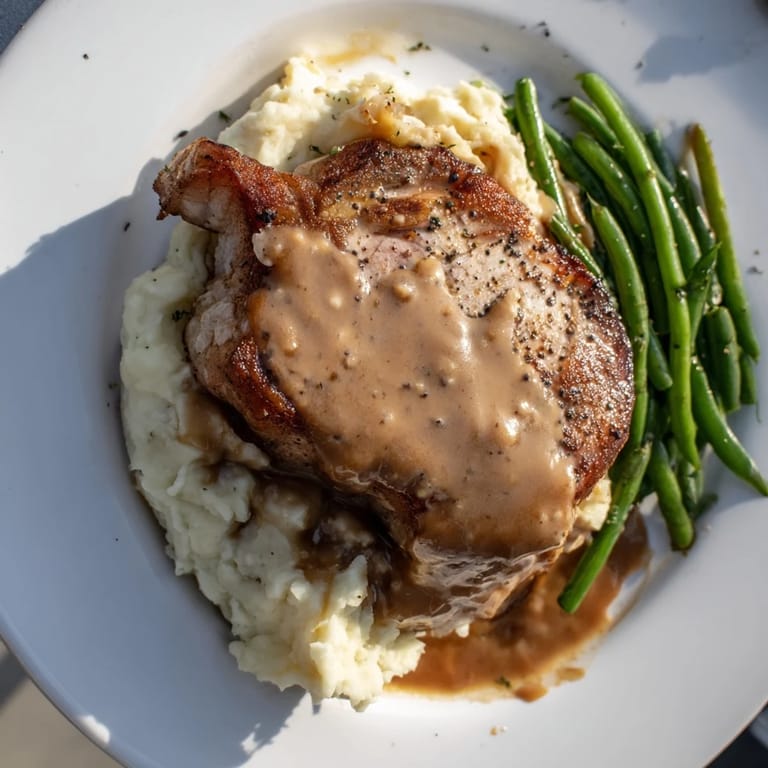 A hearty Pork Chops & Cheddar Mash Bowl features juicy pork chops, rich gravy, and bright green beans for dinner.