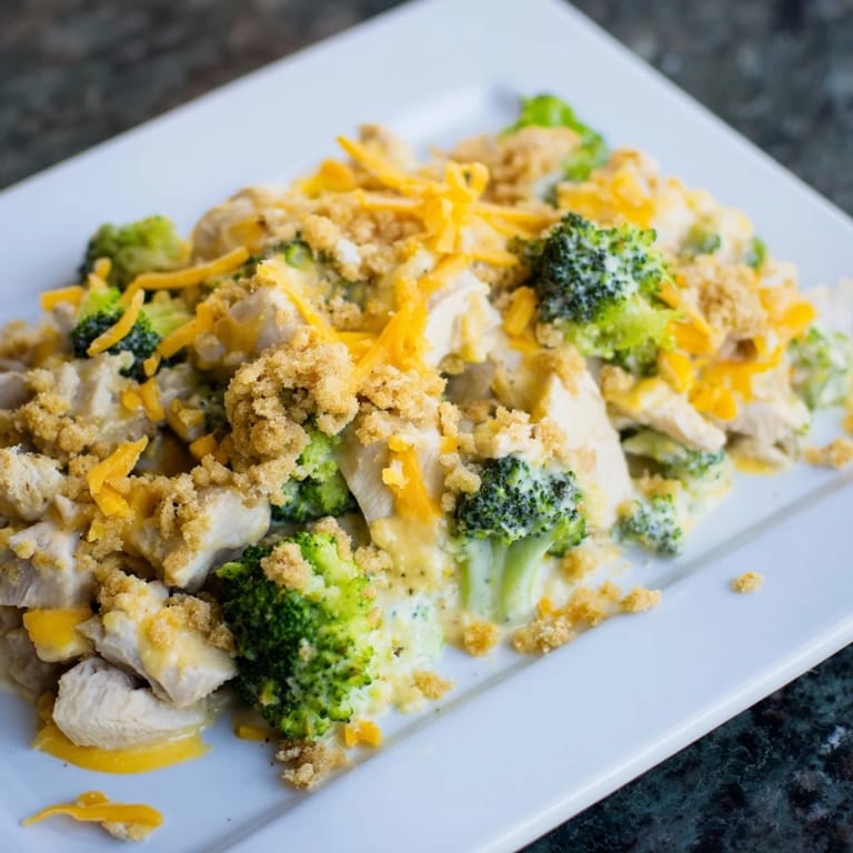 A close-up of a richly textured Chicken & Broccoli Cheddar Bake with a crispy, golden breadcrumb topping.