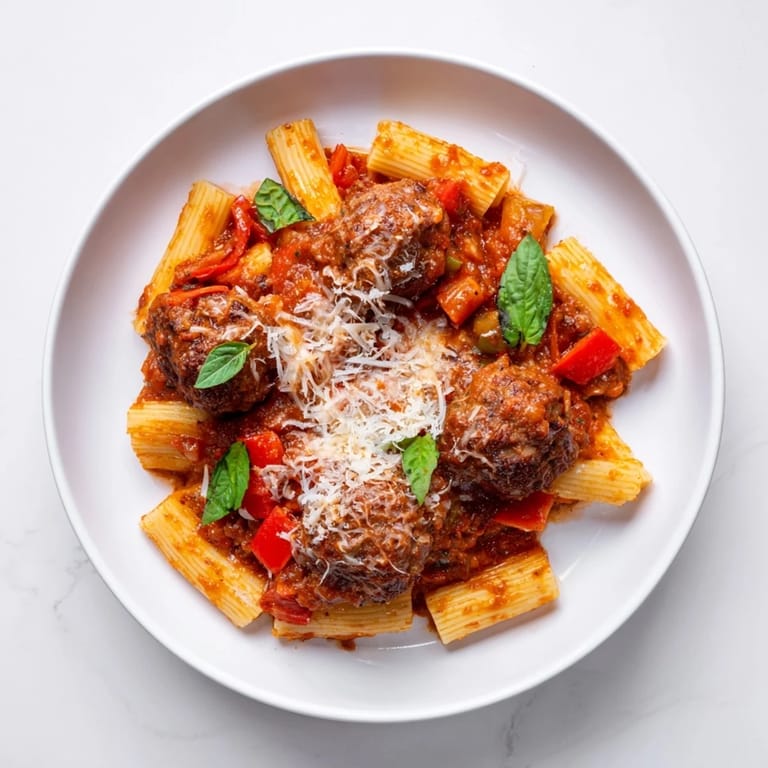 A close-up of a steaming Italian Meatball Pasta Skillet, showing pasta and juicy meatballs.