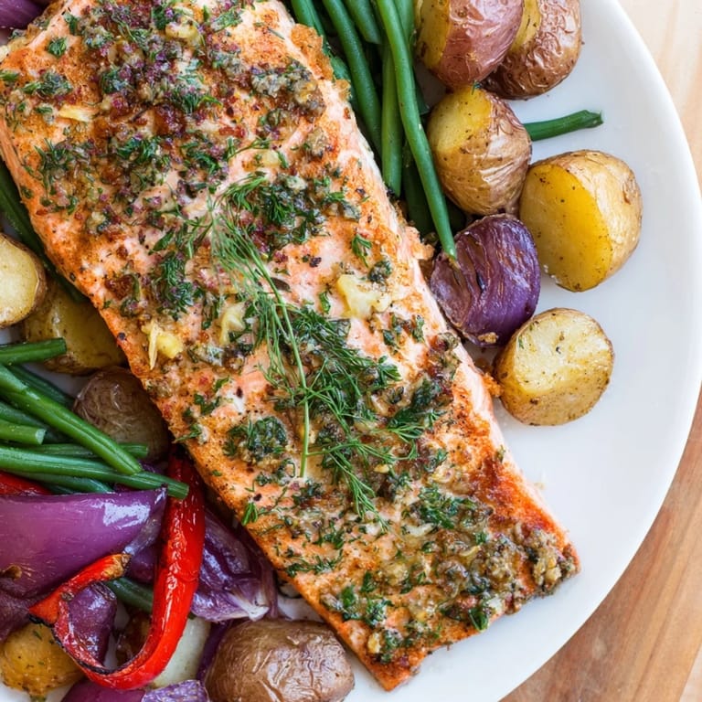 This image shows a sheet pan of cooked Lemon Herb Salmon and potatoes, garnished with fresh lemon wedges.