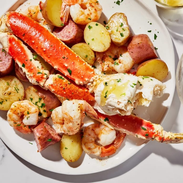 Savory seafood boil with crab, shrimp, and sausage, served with melted butter and lemon wedges.