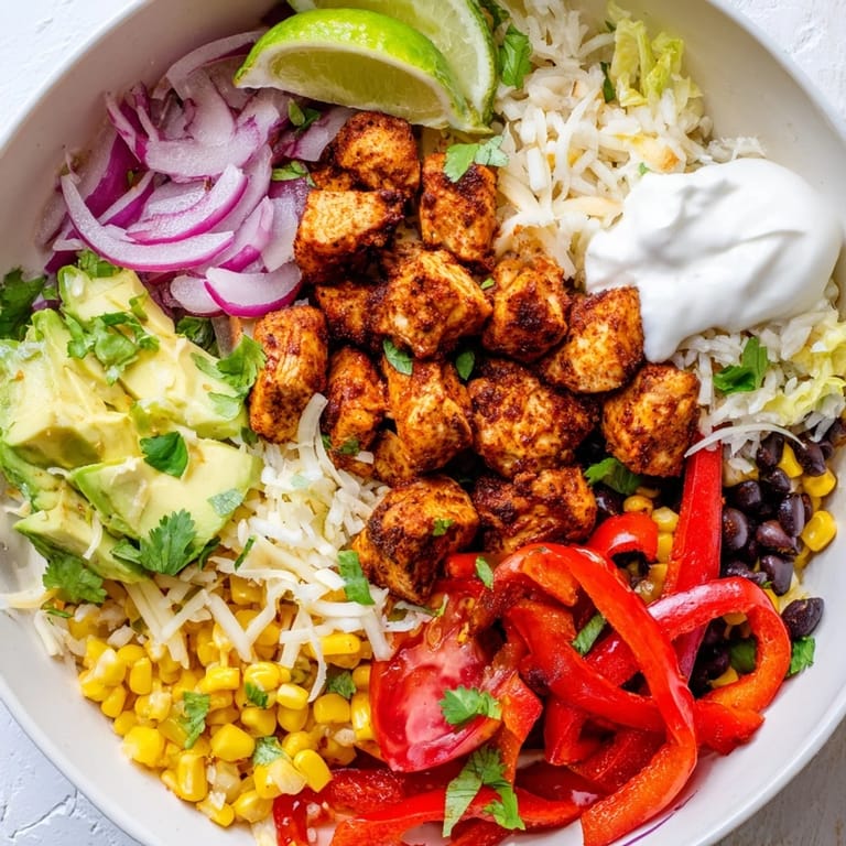 A close-up of sheet pan chicken burrito bowls showing tender chicken and vibrant, roasted vegetables with toppings.