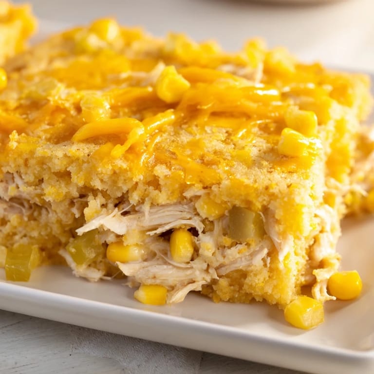 This image shows a freshly baked Southern Cornbread Chicken Casserole; imagine the tender chicken and sweet corn filling.