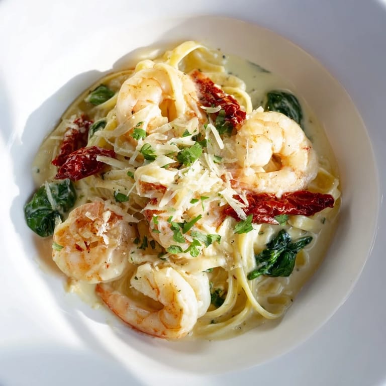 Tuscan Garlic Shrimp Pasta with perfectly cooked shrimp and a savory Parmesan sauce, ready to eat.