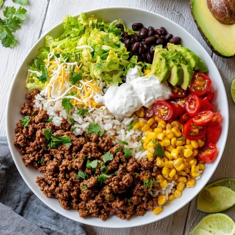 Steaming Loaded Beef Burrito Bowls, featuring savory ground beef, vibrant veggies, and creamy toppings ready to eat.