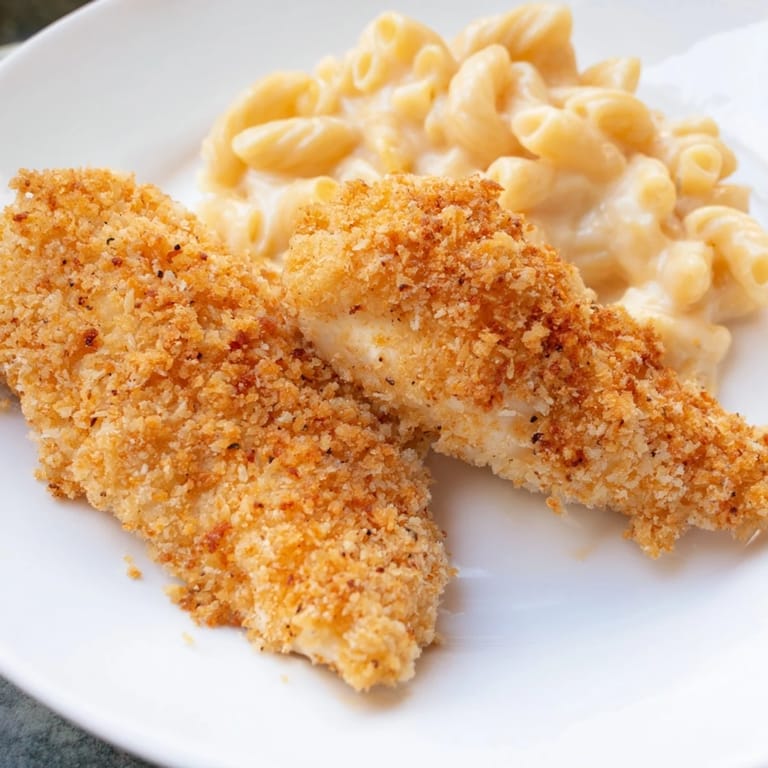 Plated crispy chicken tenders and macaroni with melted cheese, promising a savory, satisfying meal.