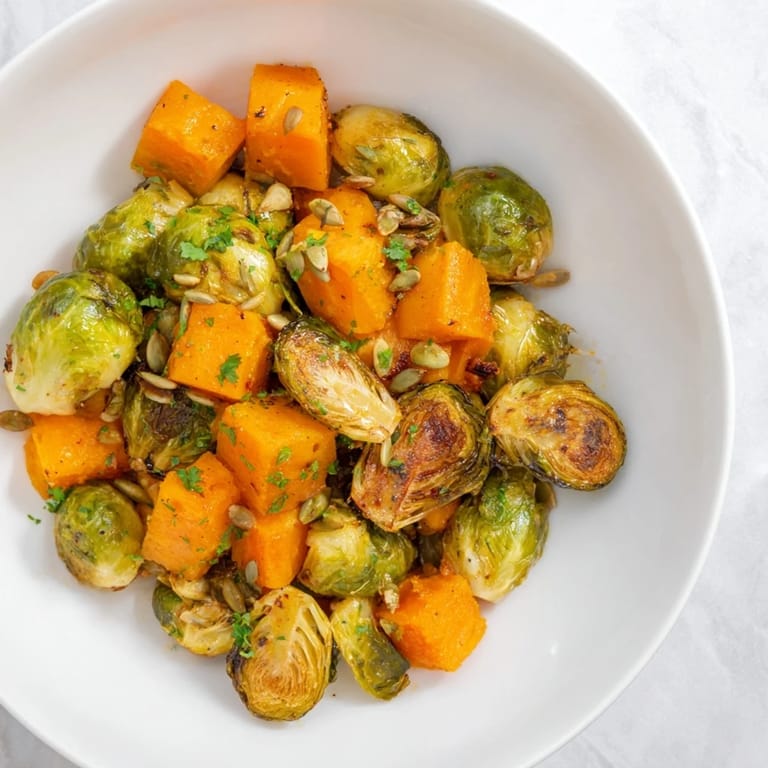 Freshly made roasted Brussels sprouts & butternut squash tossed with a tangy orange glaze for a healthy side.