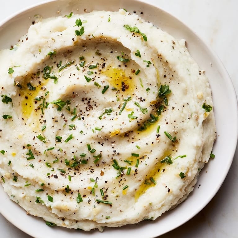 Fluffy and smooth, this vibrant cauliflower mash boasts roasted garlic and fresh parsley for flavor.