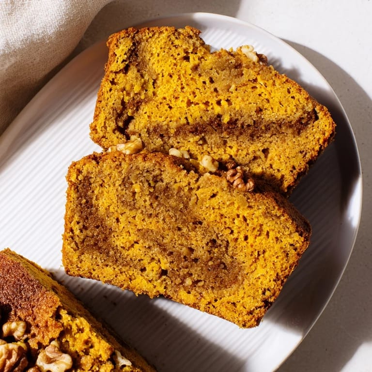 A slice of golden, moist pumpkin bread loaf, ready to enjoy with a cup of coffee.