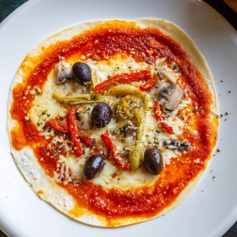 Warm, golden tortilla pizza topped with flavorful melted cheese and savory olives, ready to enjoy.