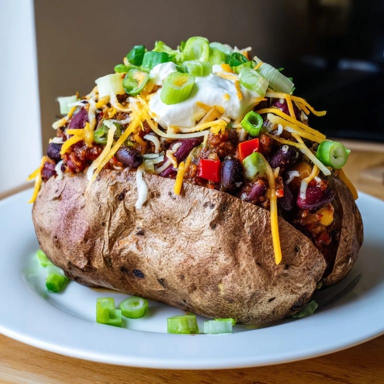 Hearty Chili-Style Baked Potatoes: fluffy baked potatoes loaded with savory chili and tempting toppings—ideal comfort food.