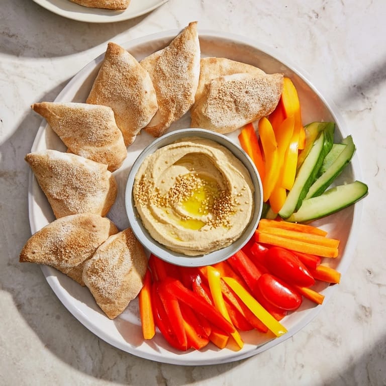 This image shows a delicious serving of DIY hummus served with warm pita and crisp veggies.
