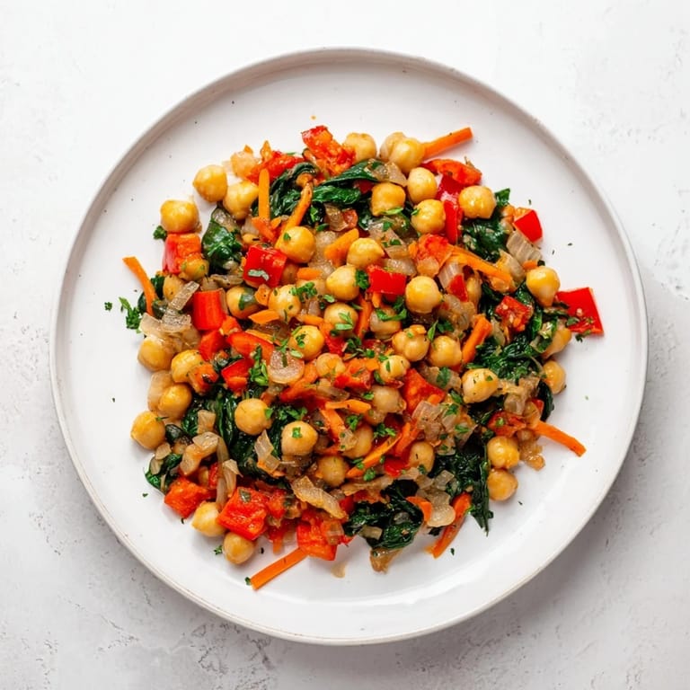 A steaming bowl of Vegetarian Chickpea & Spinach Skillet, perfect with crusty bread for a quick supper.