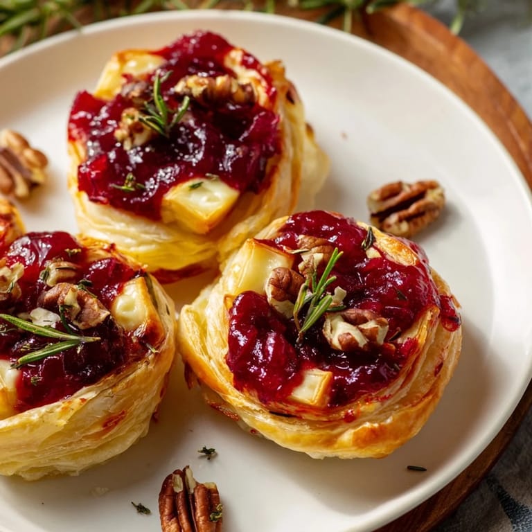 Warm and savory Quick Cranberry Brie Bites appetizer with glistening cranberry topping and flaky pastry.