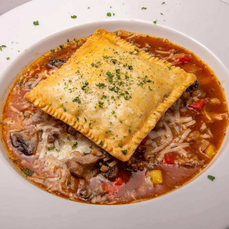 A close-up view of Pizza Pot Pie Soup shows a steaming bowl, ready to enjoy with a crusty topping.