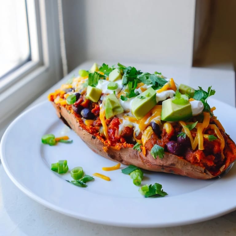 A steaming plate of savory baked sweet potato chili boats, perfectly filled for a delicious and easy dinner.
