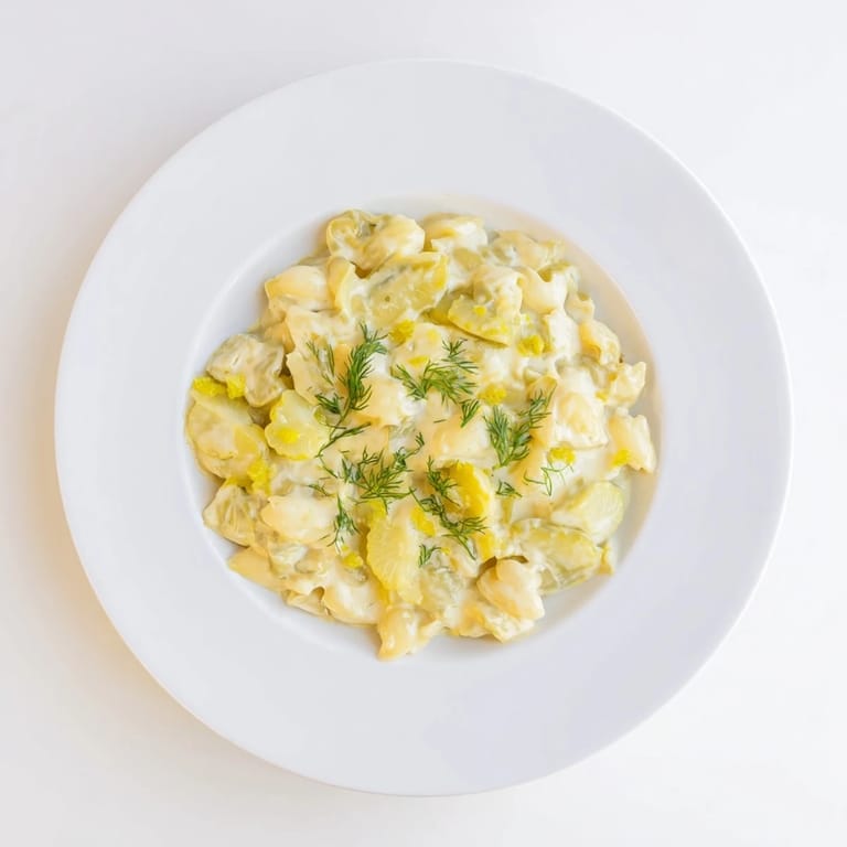 Close-up of a bowl of Pickle Mac and Cheese, garnished with fresh dill, ready to enjoy.