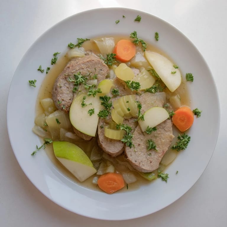 Close-up of the Stovetop Sausage, Celery, and Apple Hotpot, with tender apples and browned sausage pieces, ready to eat.