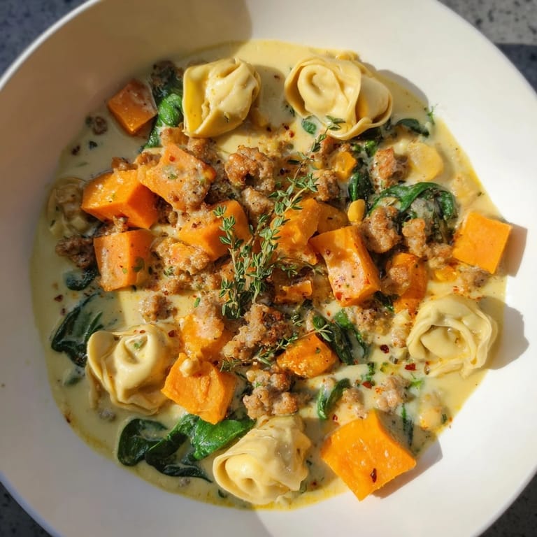 This warm bowl of Creamy Sausage Tortellini Soup shows creamy broth and Italian sausage chunks.