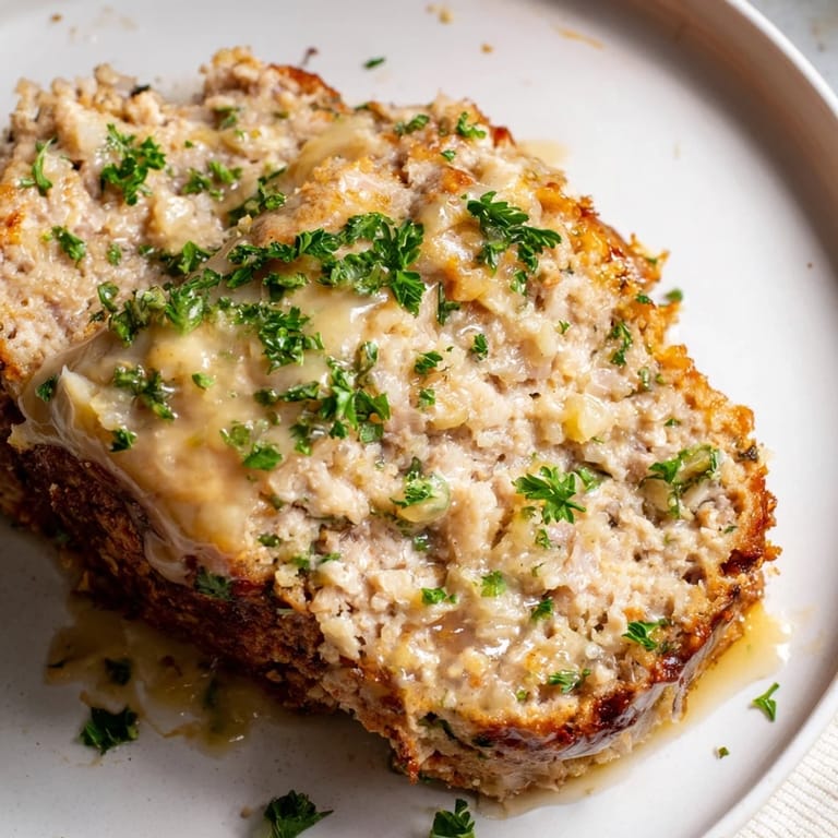 Close-up of golden-glazed Juicy Garlic Parmesan Chicken Meatloaf, garnished with fresh parsley and ready to eat.