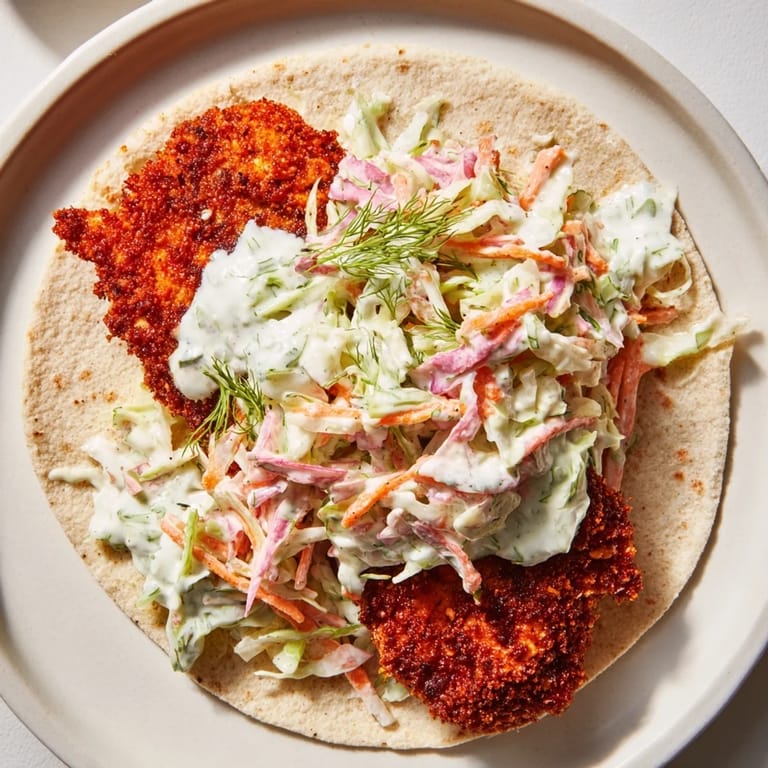 Close-up of crispy Buffalo Chicken Smash Burger Tacos; imagine the spicy chicken and fresh slaw.