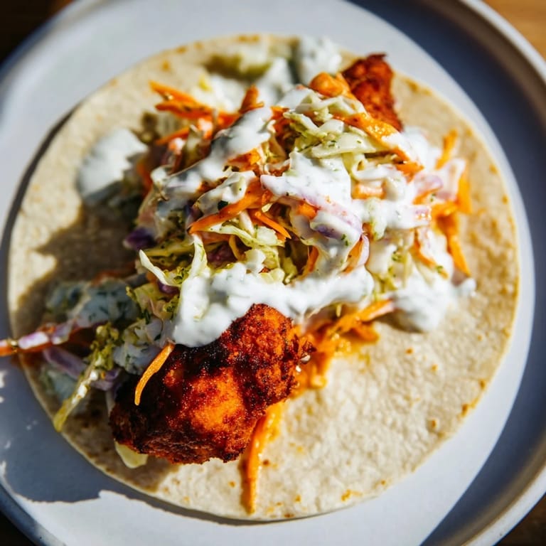 Sizzling Buffalo Chicken Smash Burger Tacos ready to eat, served with a cool, vibrant ranch sauce.