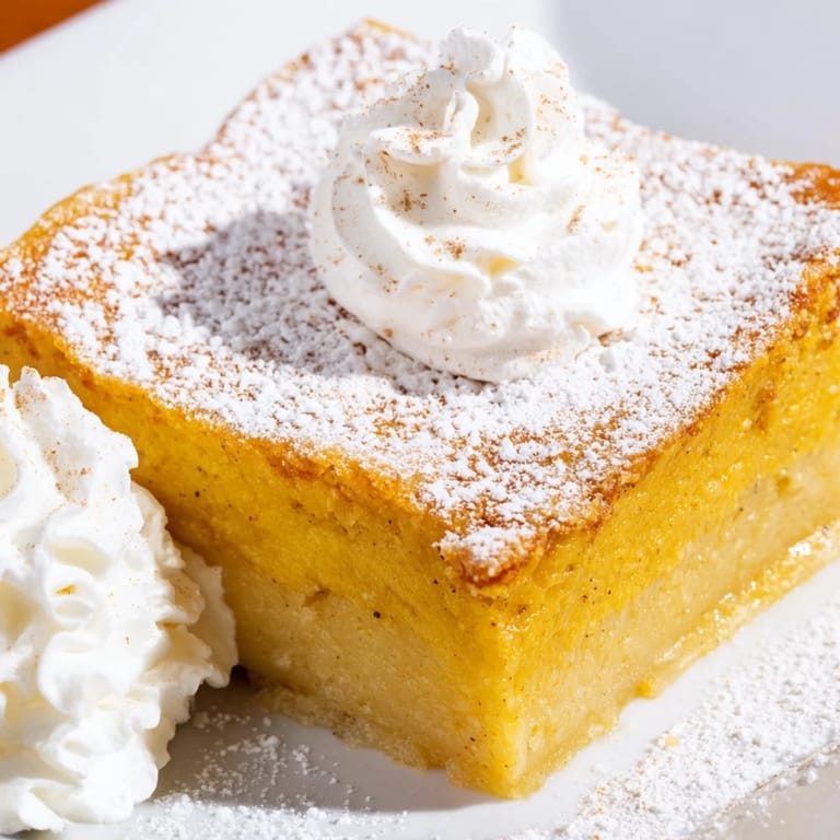 Warm, spiced Simplified Pumpkin Magic Cake, its airy texture contrasting its creamy, custard interior.