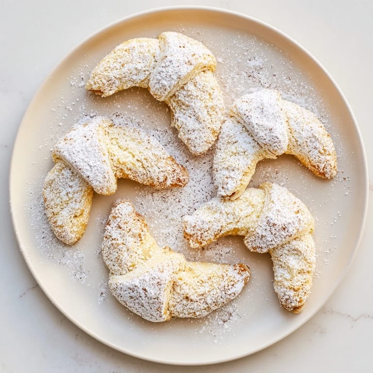 Close-up view of perfectly shaped Quick Christmas Cookie Croissants, ideal for festive sharing and enjoyment.