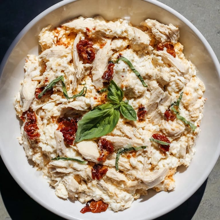 This delicious Lightened Marry Me Chicken Dip features shredded chicken, sun-dried tomatoes, and a cheesy, creamy base.