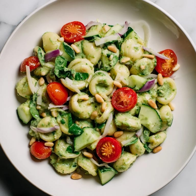 This refreshing bowl of Caesar Pesto Ditalini Salad features perfectly cooked pasta and a creamy pesto dressing.