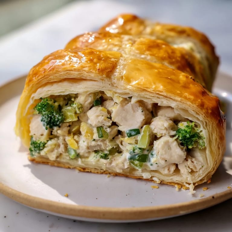 Close-up of Creamy Chicken and Broccoli Puff Pastry Rolls, showing a warm, savory interior.