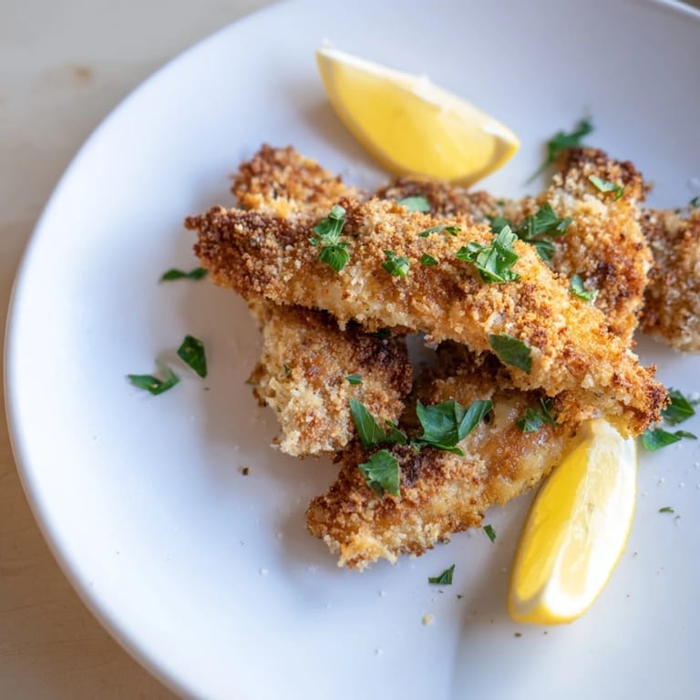 Crispy garlic Parmesan chicken tenders, perfectly coated and baked until tender and juicy.