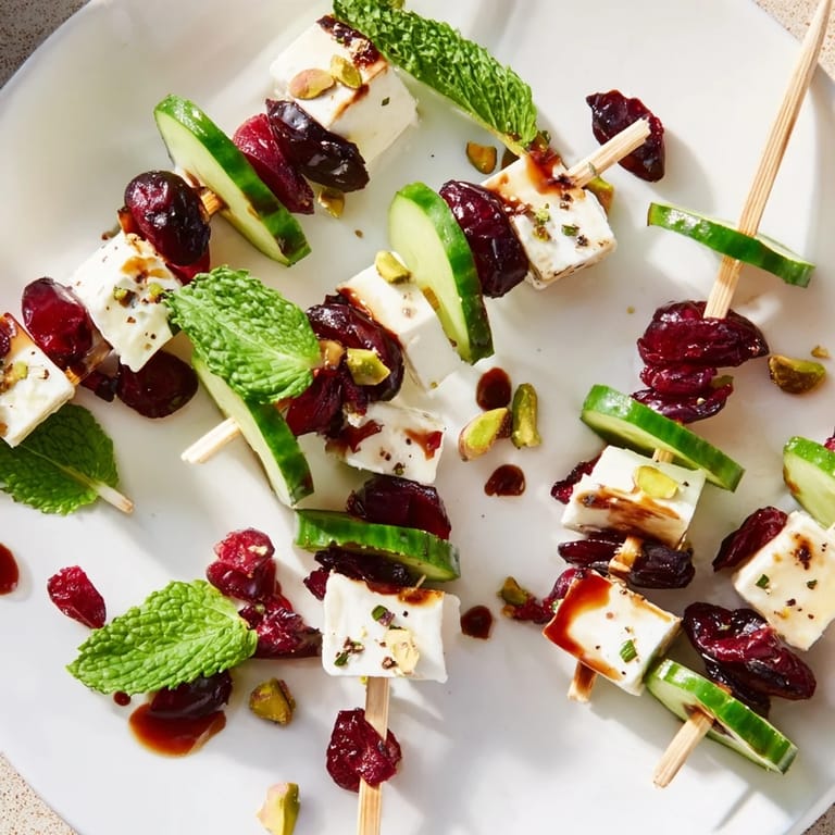 Imagine savory and sweet flavors—honey-drizzled Holiday Cranberry-Feta Skewers with fresh mint for a snack.