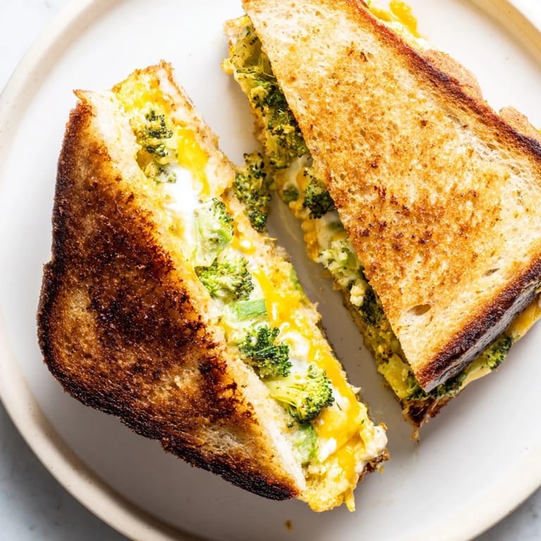 Golden-brown Air Fryer Broccoli Cheddar Stuffed Grilled Cheese, a comforting vegetarian sandwich recipe.