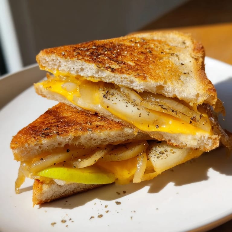 A close-up shot of a perfect Caramelized Onion, Apple & Cheddar Grilled Cheese, ready to be sliced.