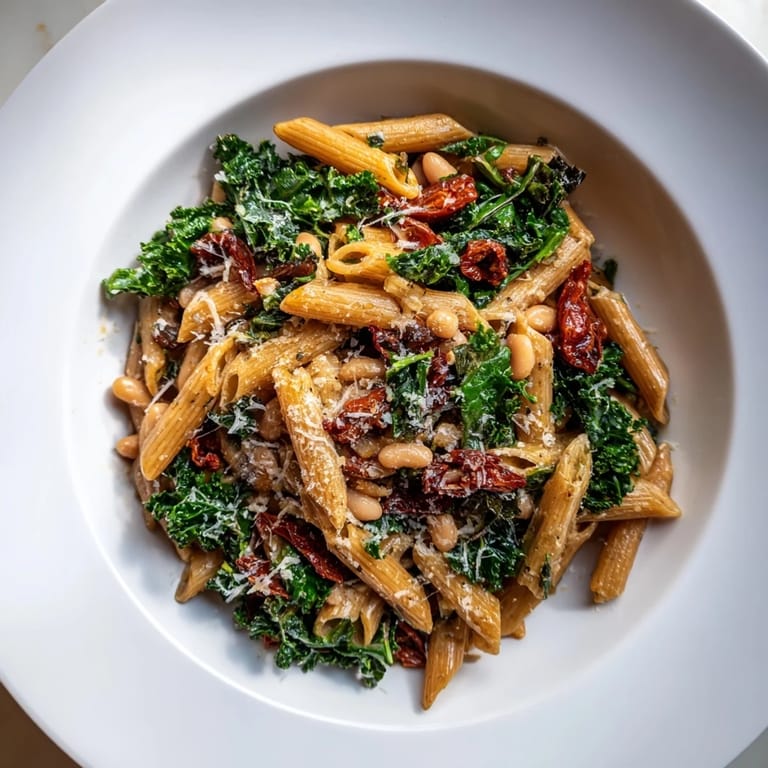 Hearty and colorful, this Healthy Tuscan White Bean & Kale Pasta is an Italian-inspired Christmas treat.