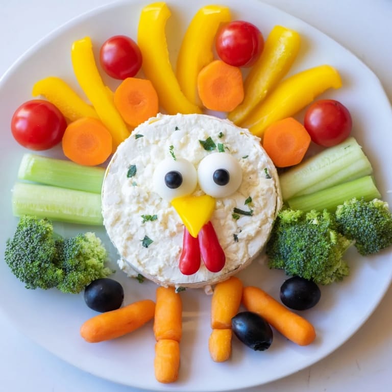 A beautifully arranged turkey shaped appetizer tray filled with various fresh, healthy ingredients and cheese.