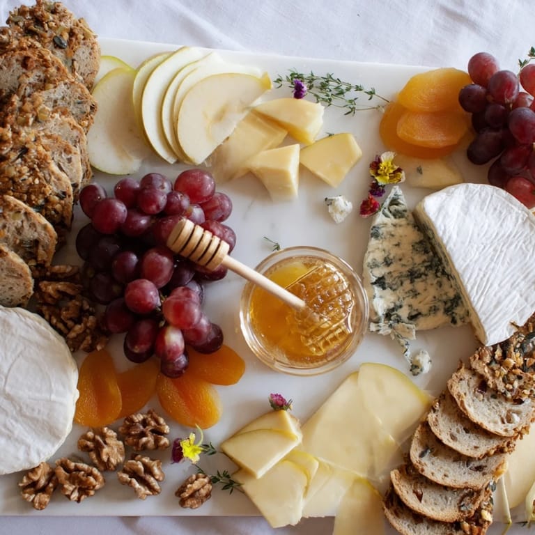 Beautiful arrangement: a Honeycomb, Honey & Cheese Board with a visual medley of flavors and textures.