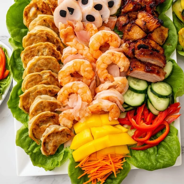 Enjoy this vibrant Lunar New Year Dragon Platter, showcasing shrimp, potstickers, and fresh, colorful veggies.