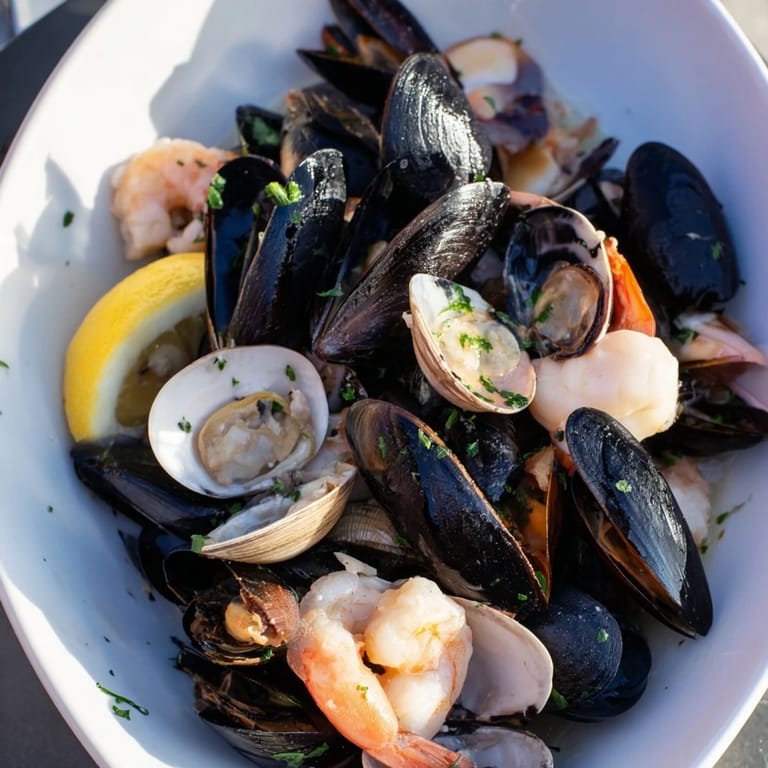 A vibrant shellfish & seafood medley, showcasing tender clams and mussels, served with lemon wedges.