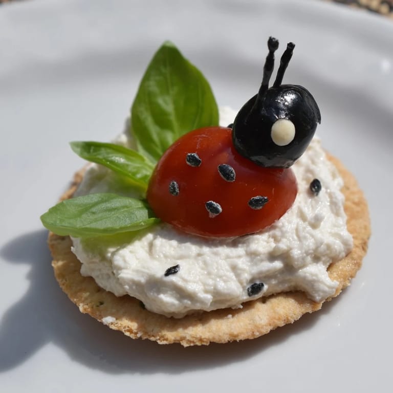 Colorful cherry tomatoes and olives create charming Garden Snacks: Ladybug Tomato & Olive Bites presented on a plate.