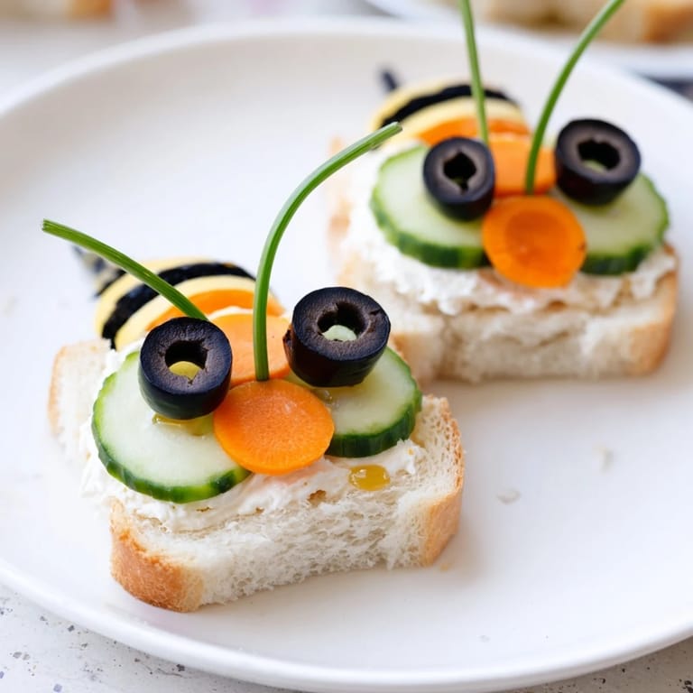 Golden-crusted bee sandwich bites, surrounded by fresh fruits and veggies, offer a bright lunch idea.