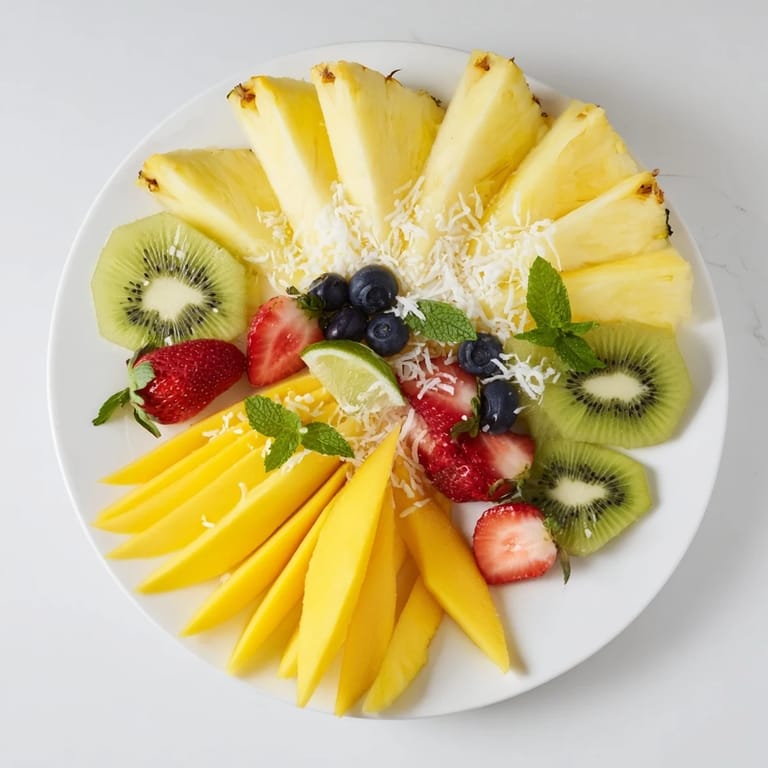 A beautifully arranged Tropical Pineapple Sun Fruit Platter, ready to serve as a refreshing, healthy side.