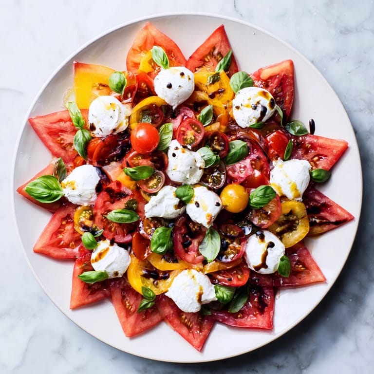 Vibrant Starfish Caprese Salad, a refreshing summer appetizer, glistens with olive oil and balsamic glaze.