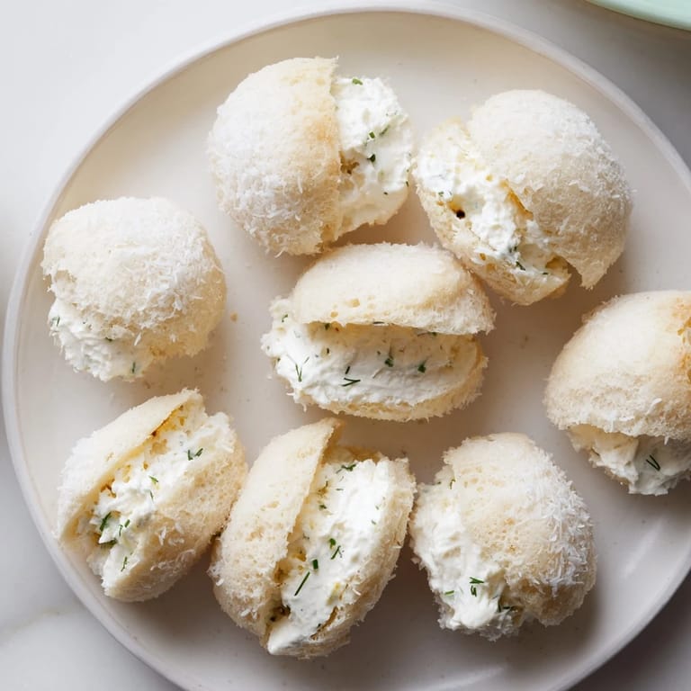 Creamy filling bursting from Snowball Tea Sandwich Bites coated in sweet, shredded coconut for serving.