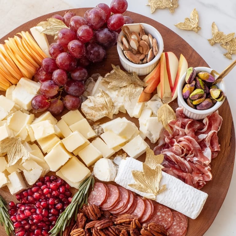 A beautifully arranged Twelve Days of Christmas snack board, featuring assorted cheeses and salami, ready to eat.